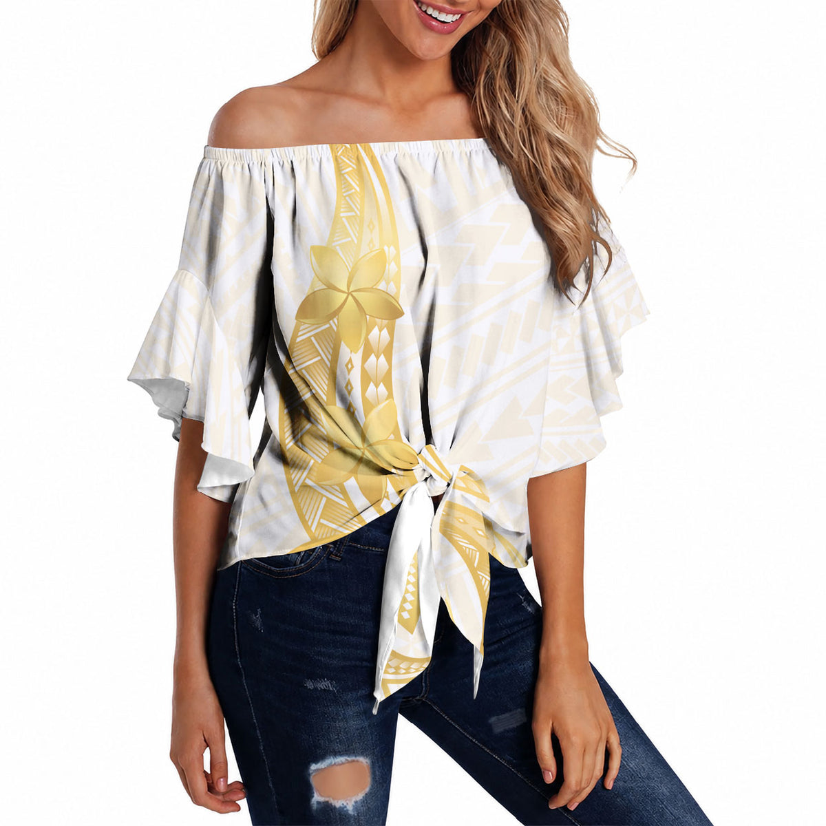 Polynesia White Sunday Off Shoulder Wrap Waist Top Polynesian Tattoo Plumeria Hibiscus Gold LT14 White - Polynesian Pride