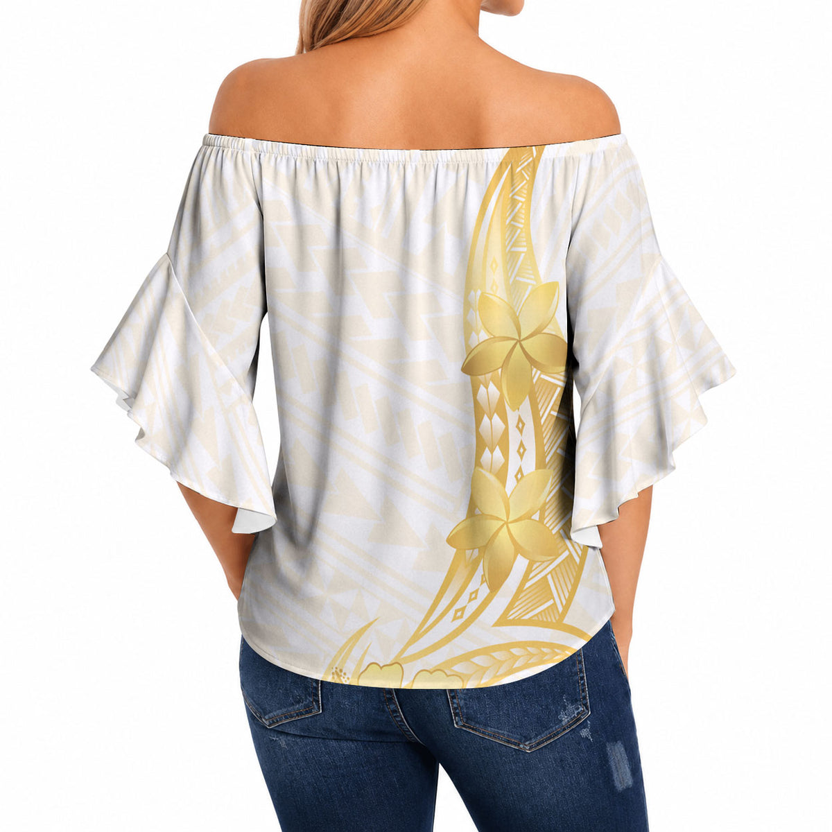 Polynesia White Sunday Off Shoulder Wrap Waist Top Polynesian Tattoo Plumeria Hibiscus Gold LT14 - Polynesian Pride