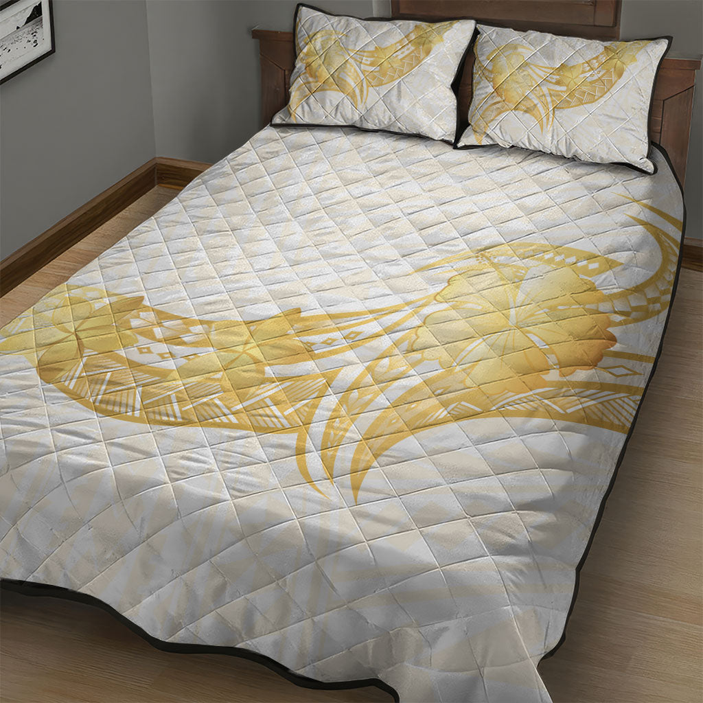 Polynesia White Sunday Quilt Bed Set Polynesian Tattoo Plumeria Hibiscus Gold LT14 - Polynesian Pride