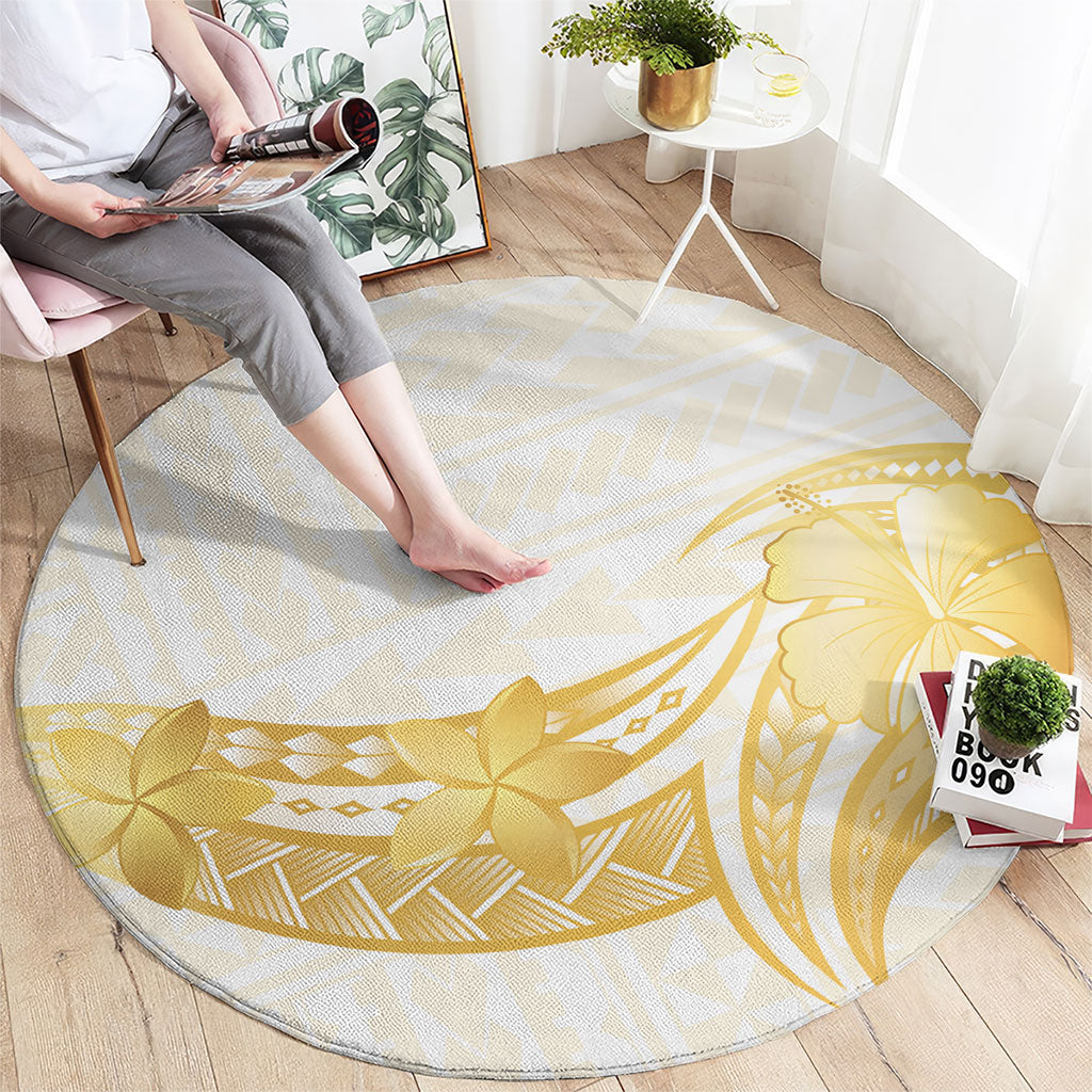 Polynesia White Sunday Round Carpet Polynesian Tattoo Plumeria Hibiscus Gold LT14 - Polynesian Pride