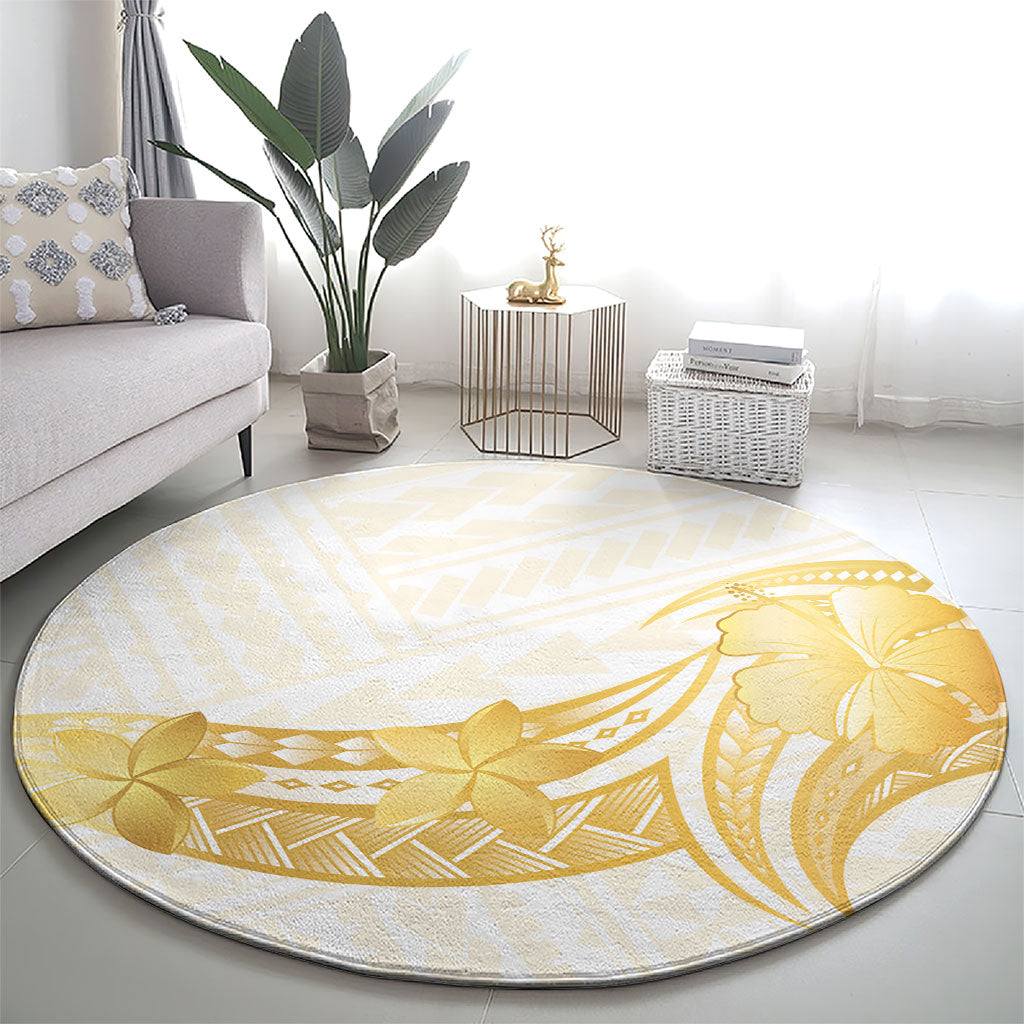 Polynesia White Sunday Round Carpet Polynesian Tattoo Plumeria Hibiscus Gold LT14 - Polynesian Pride