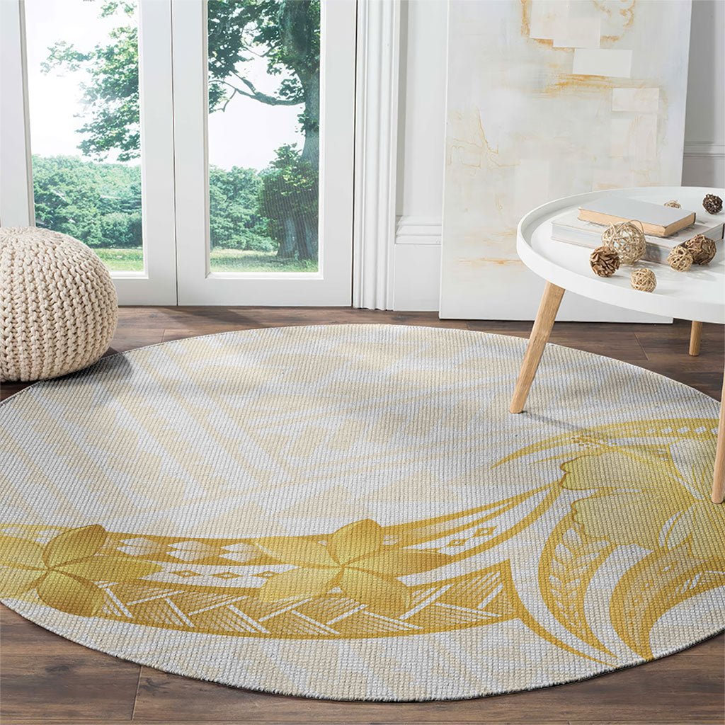 Polynesia White Sunday Round Carpet Polynesian Tattoo Plumeria Hibiscus Gold LT14 - Polynesian Pride