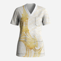 Polynesia White Sunday Scrub Top Polynesian Tattoo Plumeria Hibiscus Gold LT14 Adult White - Polynesian Pride