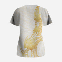 Polynesia White Sunday Scrub Top Polynesian Tattoo Plumeria Hibiscus Gold LT14 - Polynesian Pride