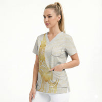 Polynesia White Sunday Scrub Top Polynesian Tattoo Plumeria Hibiscus Gold LT14 - Polynesian Pride