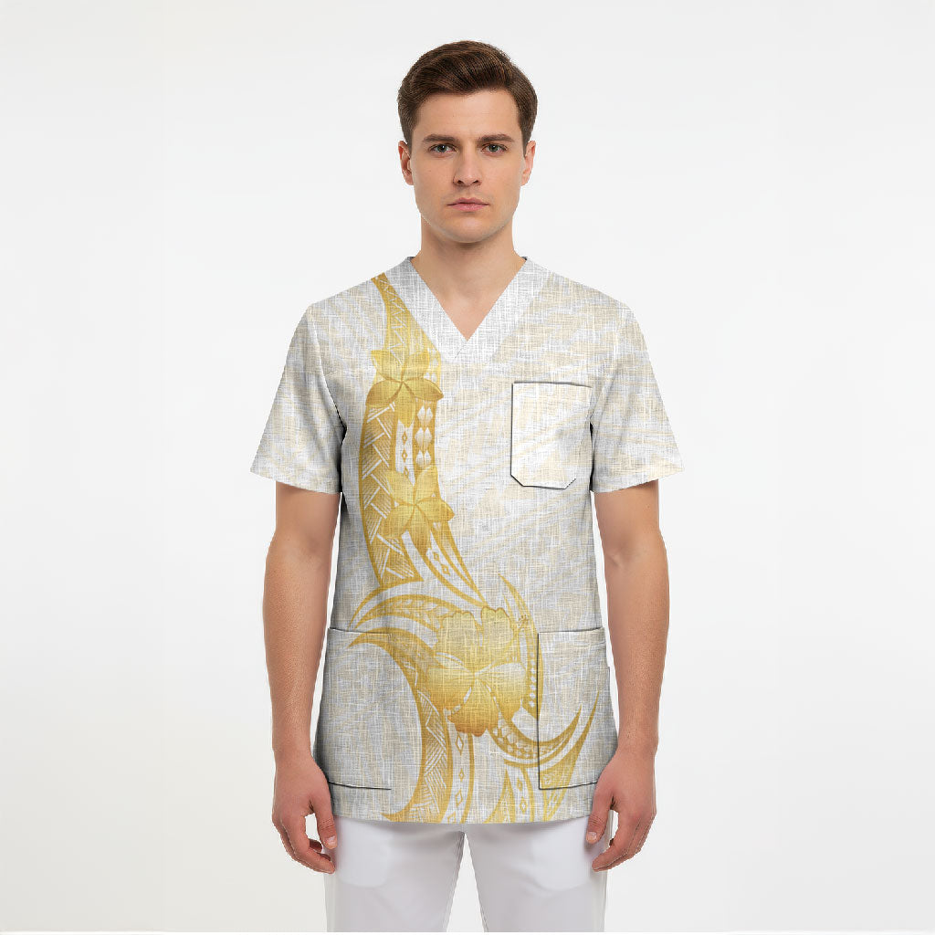 Polynesia White Sunday Scrub Top Polynesian Tattoo Plumeria Hibiscus Gold LT14 - Polynesian Pride