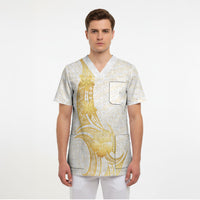 Polynesia White Sunday Scrub Top Polynesian Tattoo Plumeria Hibiscus Gold LT14 - Polynesian Pride