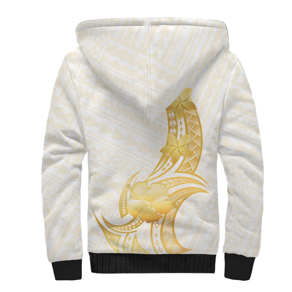 Polynesia White Sunday Sherpa Hoodie Polynesian Tattoo Plumeria Hibiscus Gold LT14 - Polynesian Pride