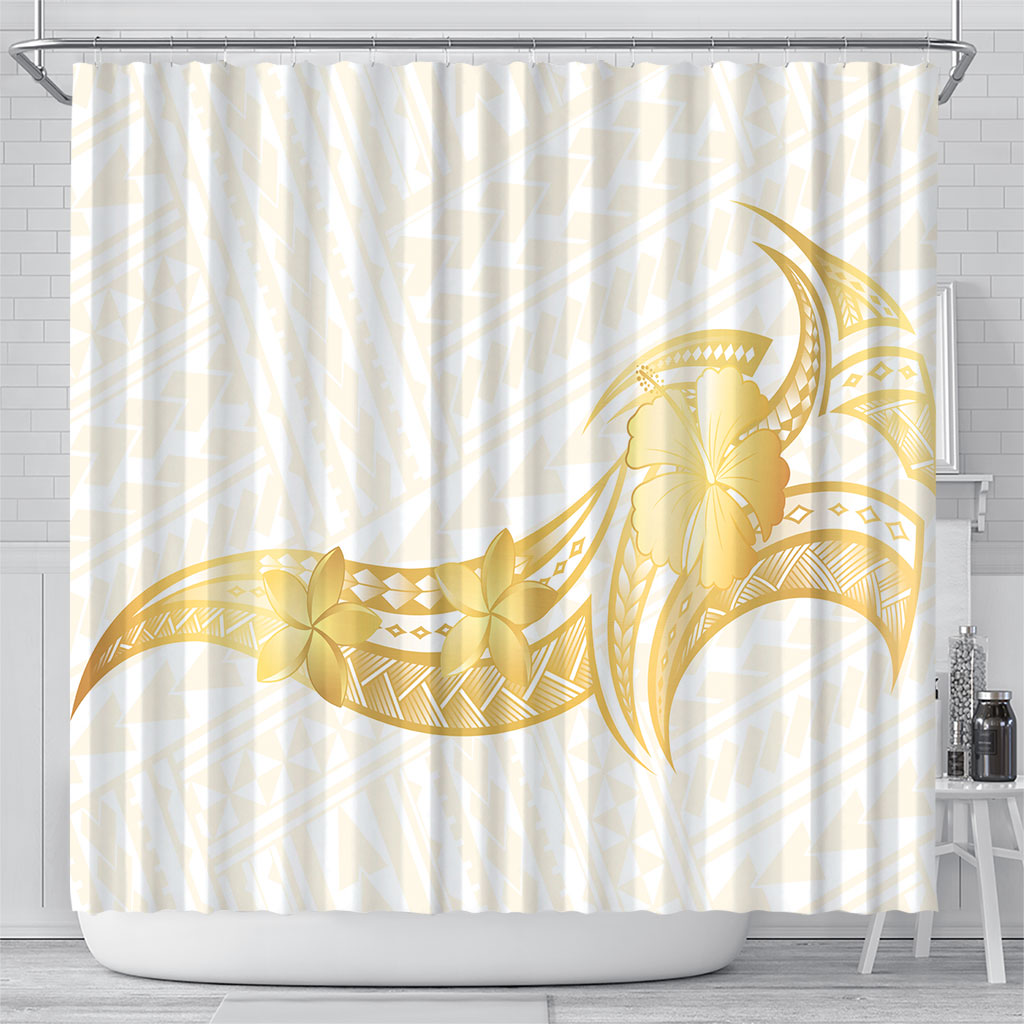 Polynesia White Sunday Shower Curtain Polynesian Tattoo Plumeria Hibiscus Gold LT14 - Polynesian Pride