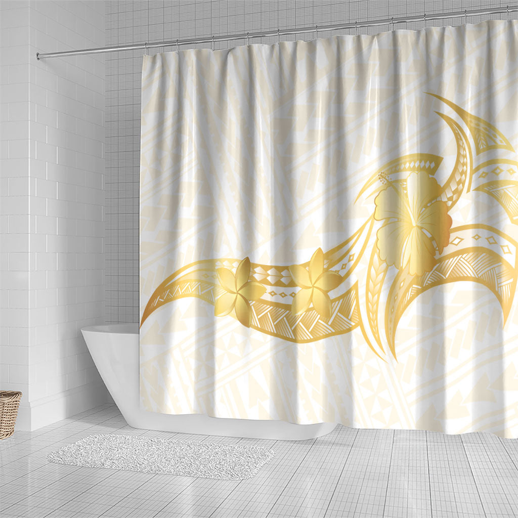 Polynesia White Sunday Shower Curtain Polynesian Tattoo Plumeria Hibiscus Gold LT14 - Polynesian Pride