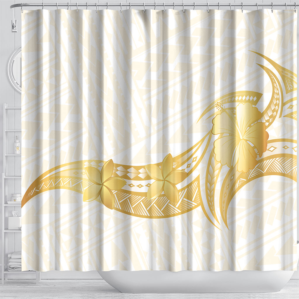 Polynesia White Sunday Shower Curtain Polynesian Tattoo Plumeria Hibiscus Gold LT14 - Polynesian Pride