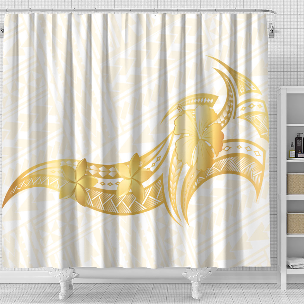 Polynesia White Sunday Shower Curtain Polynesian Tattoo Plumeria Hibiscus Gold LT14 - Polynesian Pride