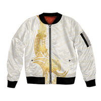 Polynesia White Sunday Sleeve Zip Bomber Jacket Polynesian Tattoo Plumeria Hibiscus Gold LT14 Unisex White - Polynesian Pride
