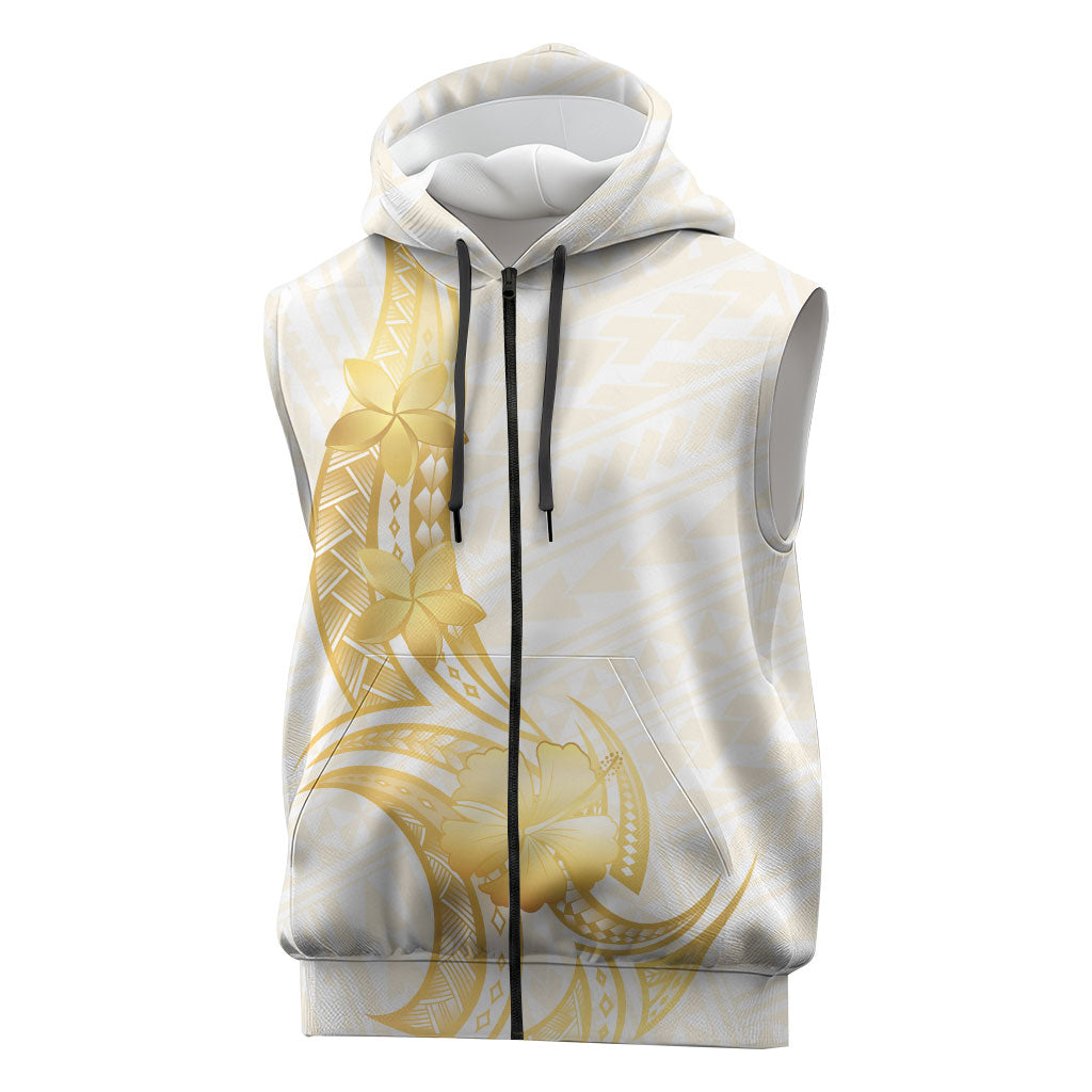 Polynesia White Sunday Sleeveless Zip Hoodie Polynesian Tattoo Plumeria Hibiscus Gold LT14 White - Polynesian Pride