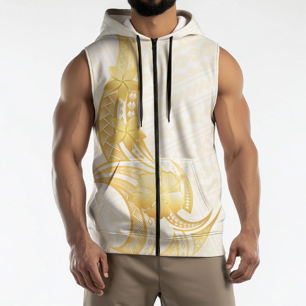 Polynesia White Sunday Sleeveless Zip Hoodie Polynesian Tattoo Plumeria Hibiscus Gold LT14 - Polynesian Pride