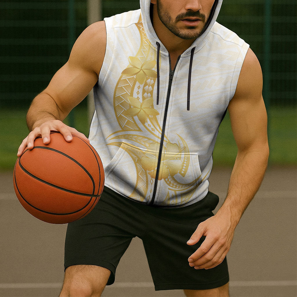 Polynesia White Sunday Sleeveless Zip Hoodie Polynesian Tattoo Plumeria Hibiscus Gold LT14 - Polynesian Pride