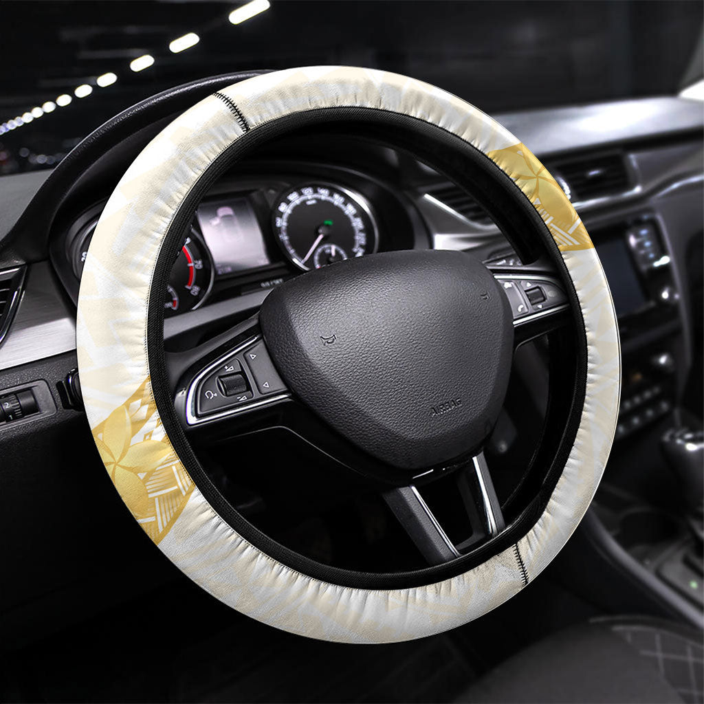 Polynesia White Sunday Steering Wheel Cover Polynesian Tattoo Plumeria Hibiscus Gold LT14 Universal Fit White - Polynesian Pride