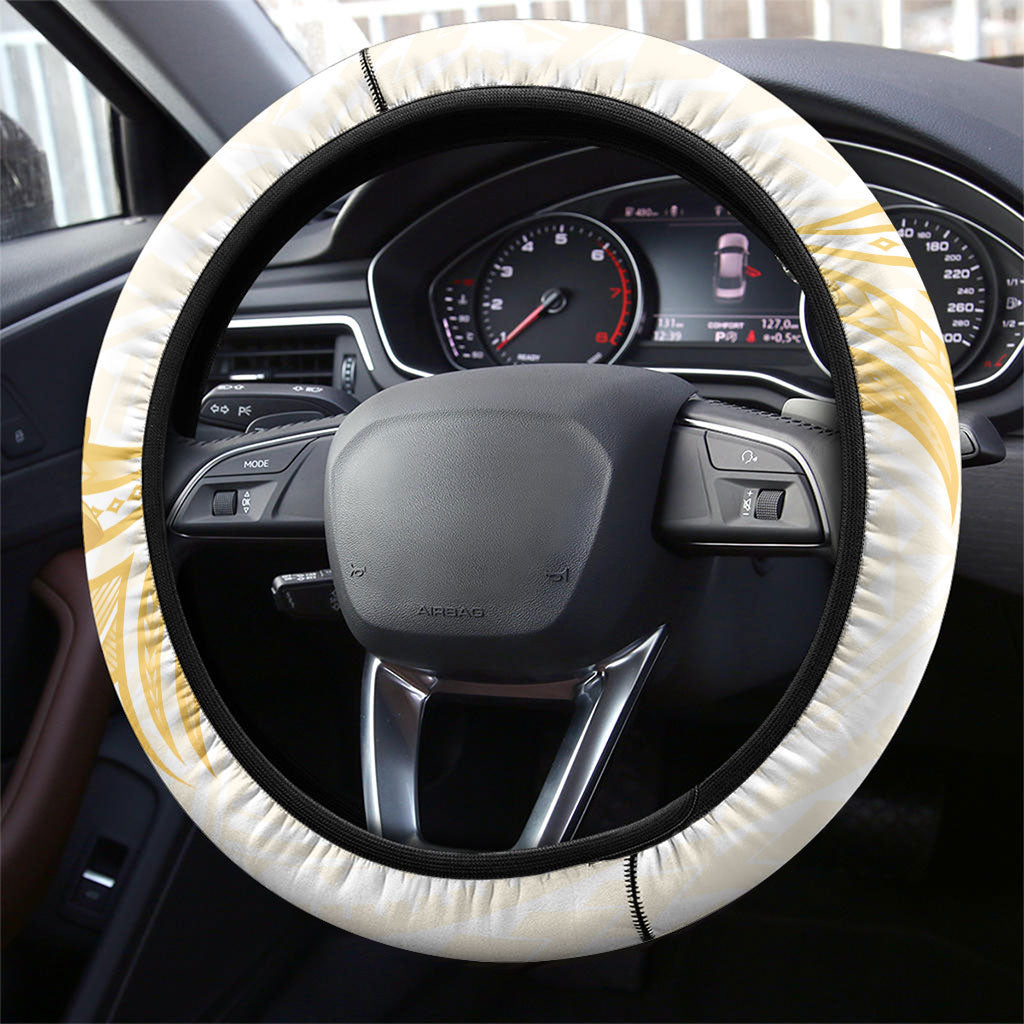 Polynesia White Sunday Steering Wheel Cover Polynesian Tattoo Plumeria Hibiscus Gold LT14 - Polynesian Pride