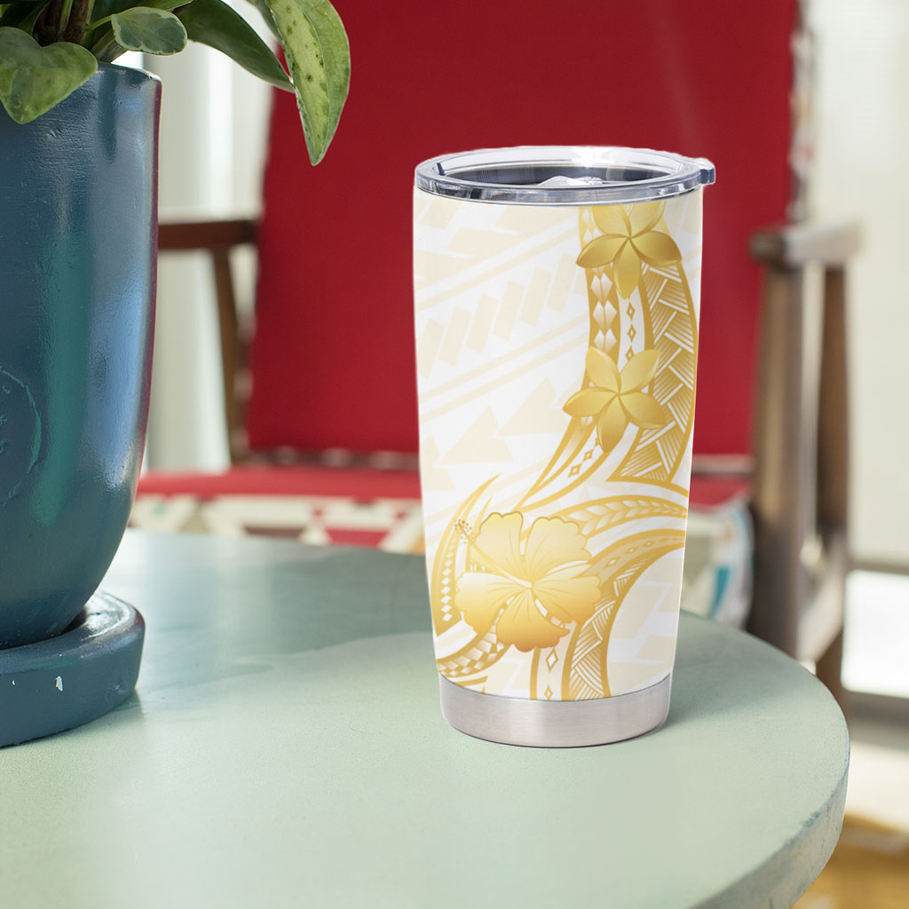 Polynesia White Sunday Tumbler Cup Polynesian Tattoo Plumeria Hibiscus Gold LT14 - Polynesian Pride