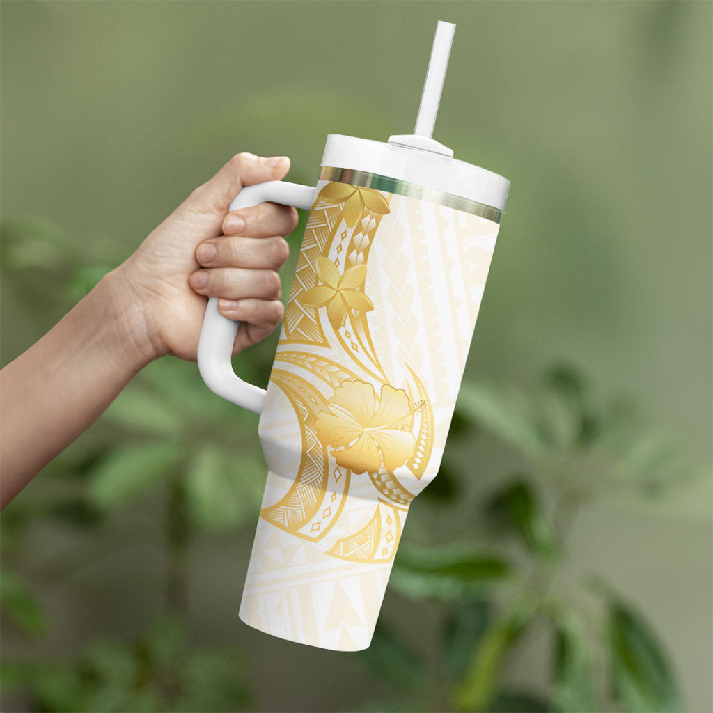 Polynesia White Sunday Tumbler With Handle Polynesian Tattoo Plumeria Hibiscus Gold LT14 - Polynesian Pride