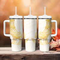 Polynesia White Sunday Tumbler With Handle Polynesian Tattoo Plumeria Hibiscus Gold LT14 - Polynesian Pride