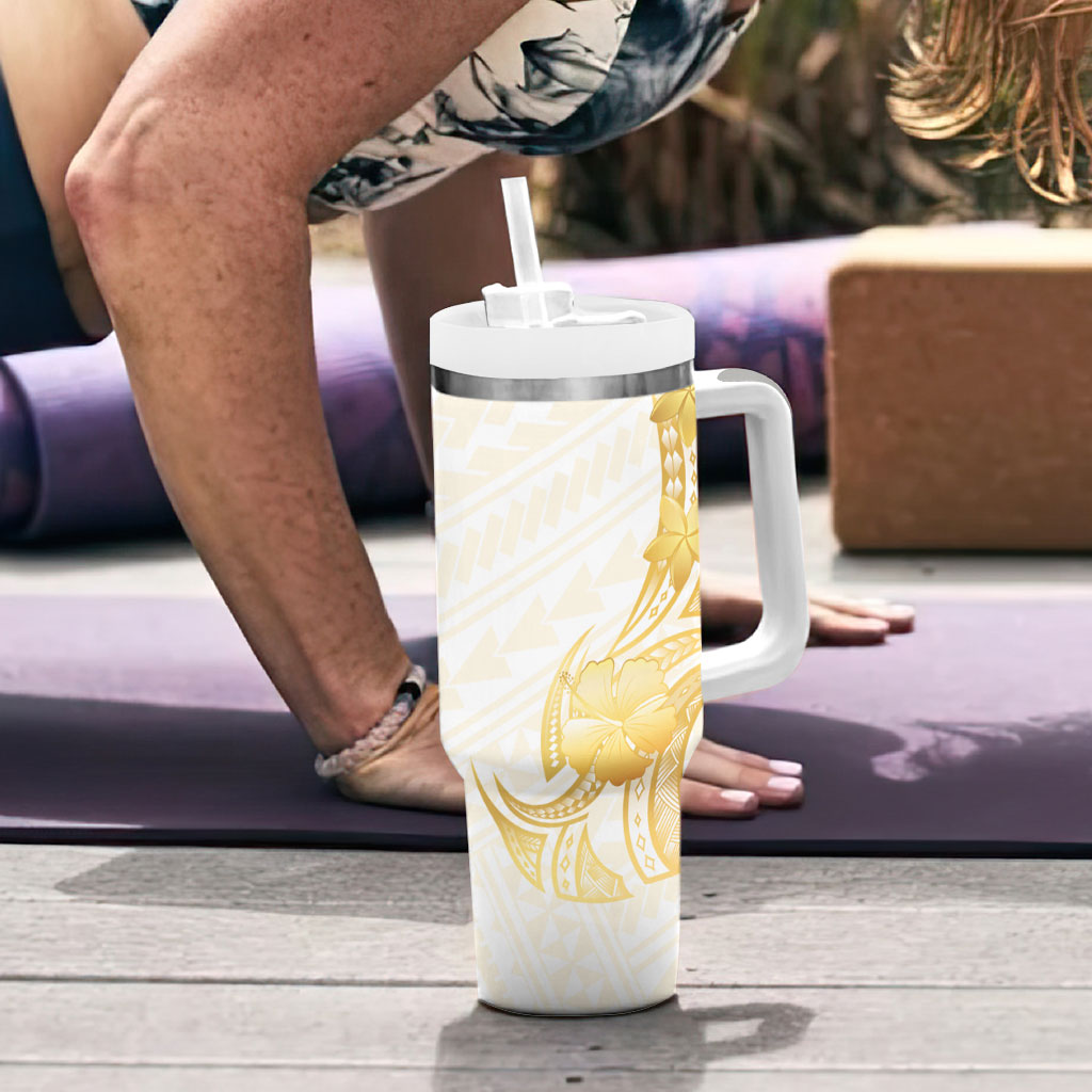 Polynesia White Sunday Tumbler With Handle Polynesian Tattoo Plumeria Hibiscus Gold LT14 - Polynesian Pride