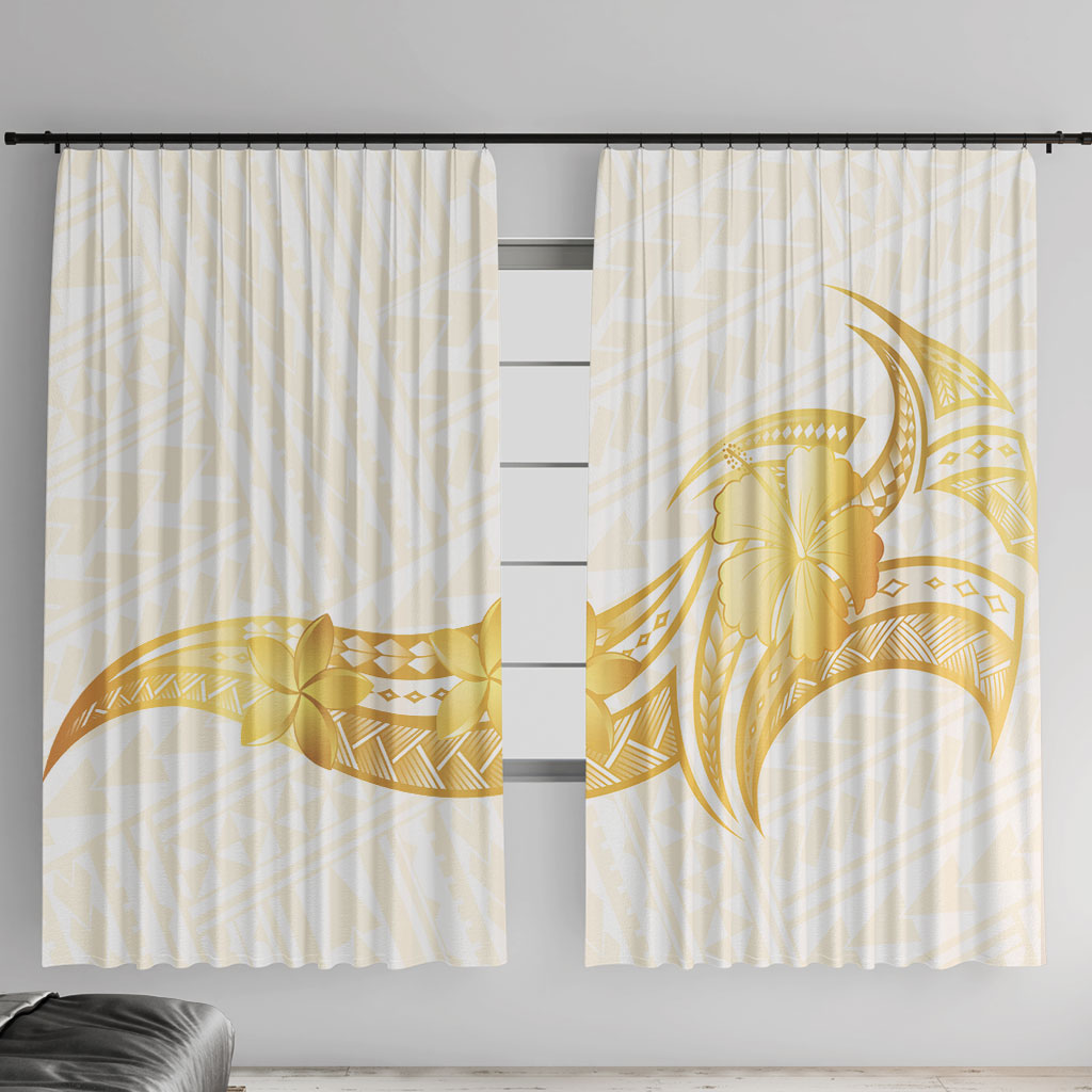 Polynesia White Sunday Window Curtain Polynesian Tattoo Plumeria Hibiscus Gold LT14 With Hooks White - Polynesian Pride