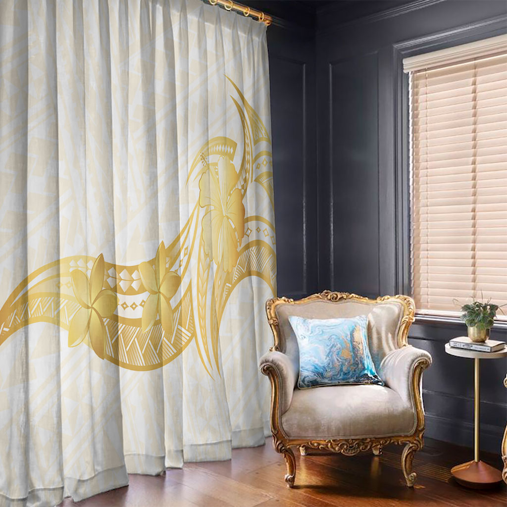 Polynesia White Sunday Window Curtain Polynesian Tattoo Plumeria Hibiscus Gold LT14 - Polynesian Pride