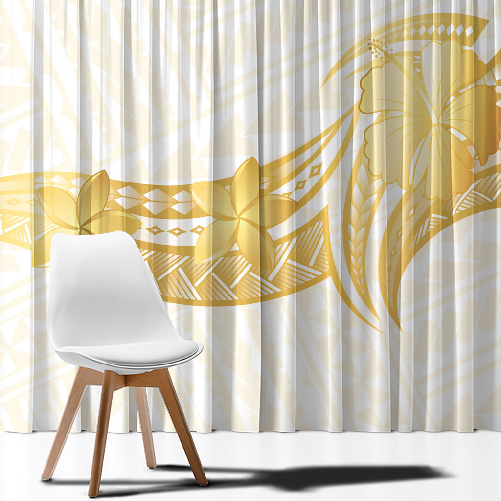 Polynesia White Sunday Window Curtain Polynesian Tattoo Plumeria Hibiscus Gold LT14 - Polynesian Pride