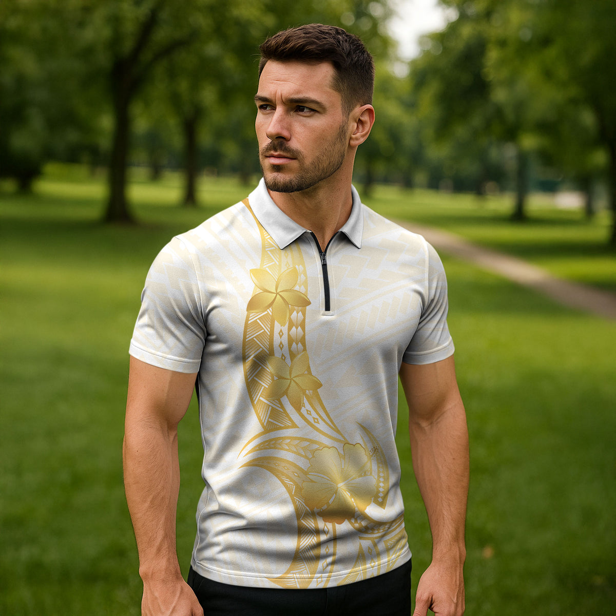 Polynesia White Sunday Zipper Polo Shirt Polynesian Tattoo Plumeria Hibiscus Gold LT14 - Polynesian Pride