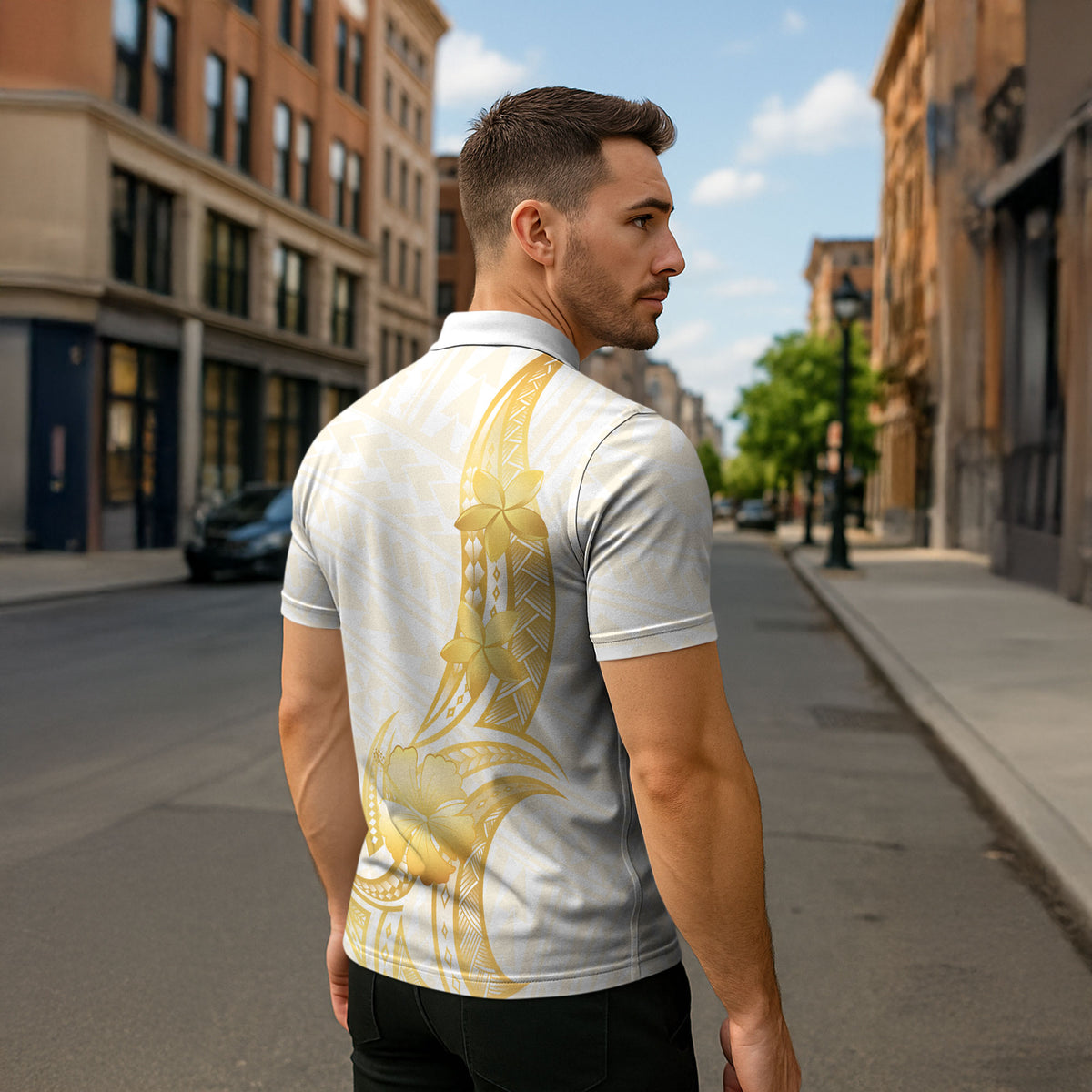 Polynesia White Sunday Zipper Polo Shirt Polynesian Tattoo Plumeria Hibiscus Gold LT14 - Polynesian Pride