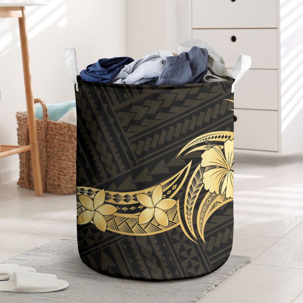 Gold Black Polynesia Hibiscus Plumeria Tattoo Laundry Basket