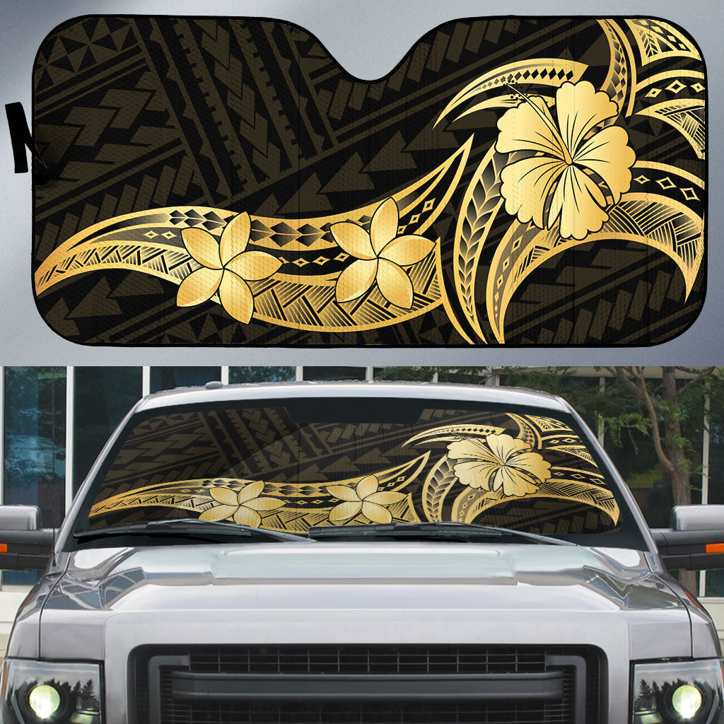 Gold Black Polynesia Hibiscus Plumeria Tattoo Auto Sun Shade LT14 Black - Polynesian Pride