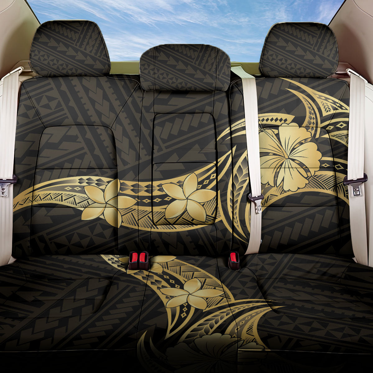 Gold Black Polynesia Hibiscus Plumeria Tattoo Back Car Seat Cover LT14 One Size Black - Polynesian Pride