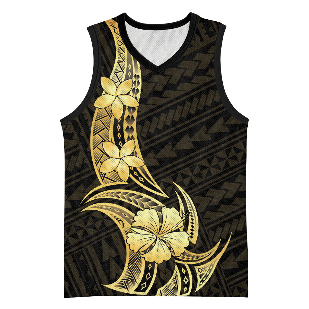 Gold Black Polynesia Hibiscus Plumeria Tattoo Basketball Jersey LT14 Unisex Black - Polynesian Pride