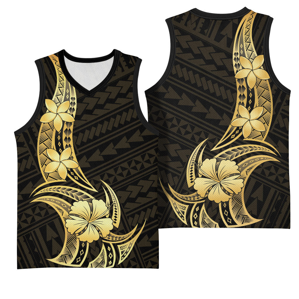 Gold Black Polynesia Hibiscus Plumeria Tattoo Basketball Jersey LT14 - Polynesian Pride