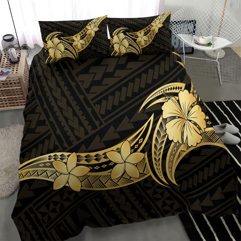 Gold Black Polynesia Hibiscus Plumeria Tattoo Bedding Set LT14 - Polynesian Pride