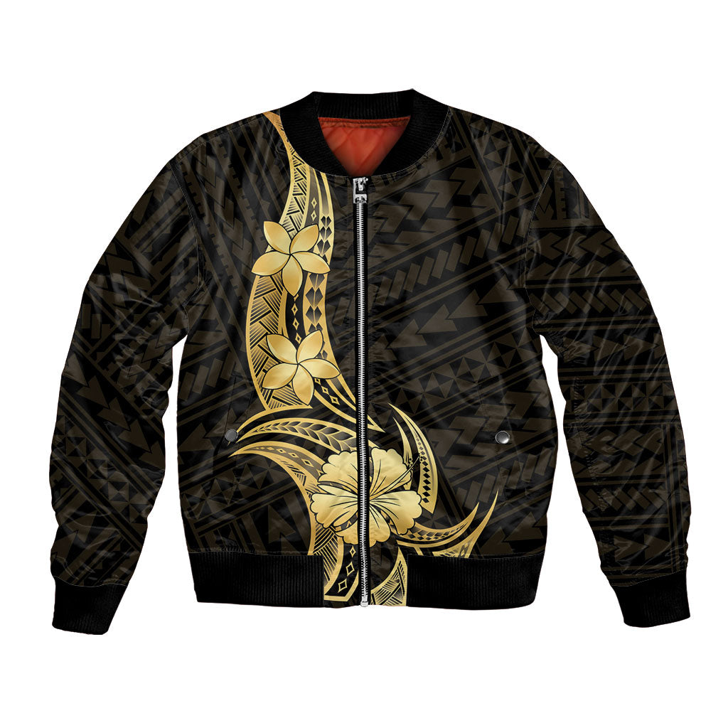 Gold Black Polynesia Hibiscus Plumeria Tattoo Bomber Jacket