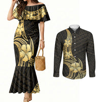Gold Black Polynesia Hibiscus Plumeria Tattoo Couples Matching Mermaid Dress and Long Sleeve Button Shirt LT14 Black - Polynesian Pride