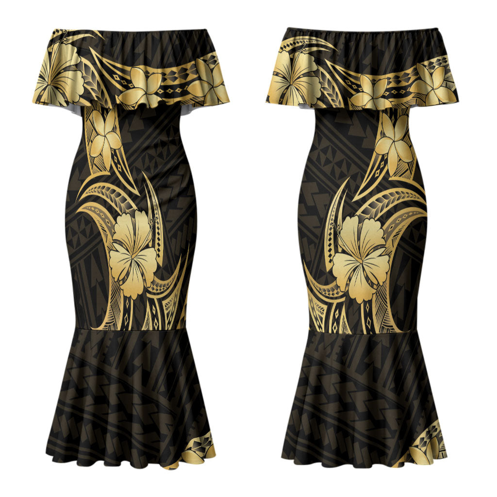 Gold Black Polynesia Hibiscus Plumeria Tattoo Couples Matching Mermaid Dress and Long Sleeve Button Shirt LT14 - Polynesian Pride