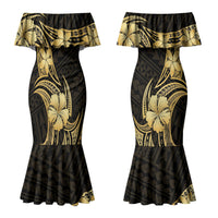 Gold Black Polynesia Hibiscus Plumeria Tattoo Couples Matching Mermaid Dress and Long Sleeve Button Shirt LT14 - Polynesian Pride