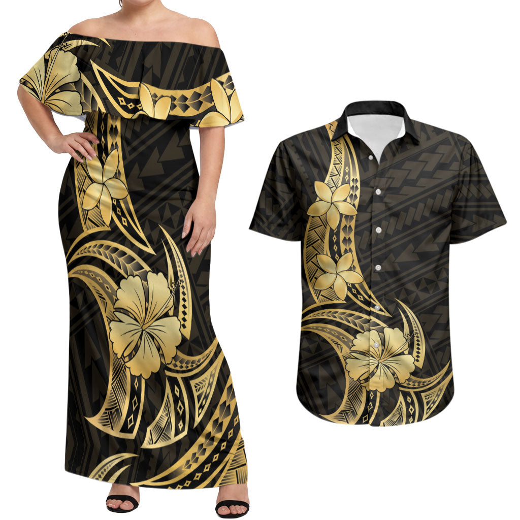 Gold Black Polynesia Hibiscus Plumeria Tattoo Couples Matching Off Shoulder Maxi Dress and Hawaiian Shirt LT14 Black - Polynesian Pride