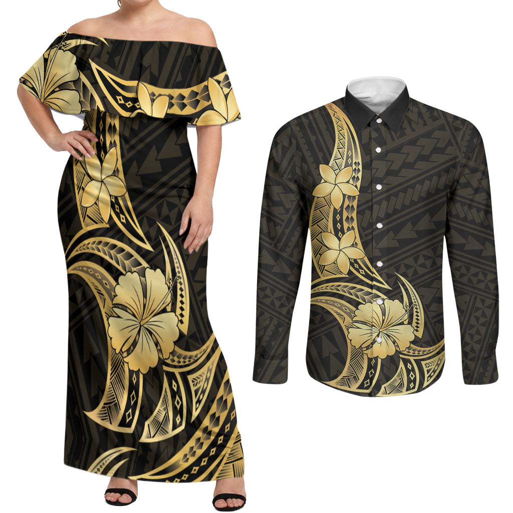 Gold Black Polynesia Hibiscus Plumeria Tattoo Couples Matching Off Shoulder Maxi Dress and Long Sleeve Button Shirt LT14 Black - Polynesian Pride