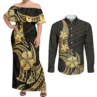 Gold Black Polynesia Hibiscus Plumeria Tattoo Couples Matching Off Shoulder Maxi Dress and Long Sleeve Button Shirt LT14 Black - Polynesian Pride