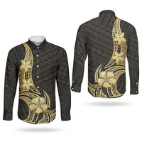 Gold Black Polynesia Hibiscus Plumeria Tattoo Couples Matching Off Shoulder Maxi Dress and Long Sleeve Button Shirt LT14 - Polynesian Pride