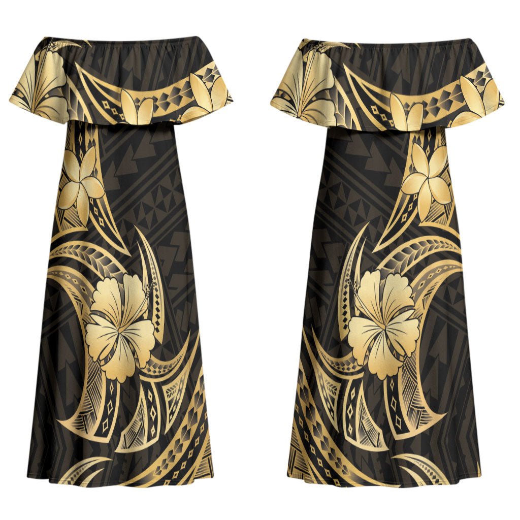 Gold Black Polynesia Hibiscus Plumeria Tattoo Couples Matching Off Shoulder Maxi Dress and Long Sleeve Button Shirt LT14 - Polynesian Pride