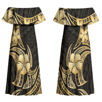 Gold Black Polynesia Hibiscus Plumeria Tattoo Couples Matching Off Shoulder Maxi Dress and Long Sleeve Button Shirt LT14 - Polynesian Pride