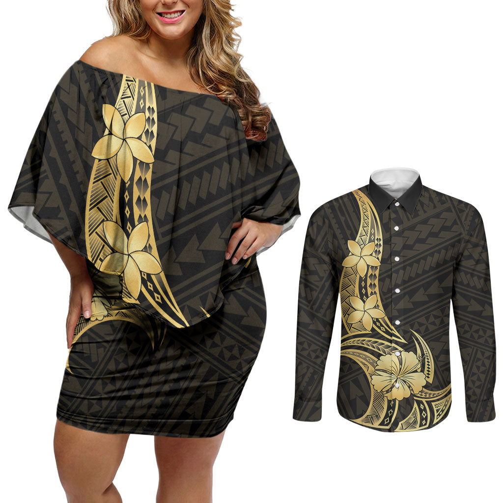 Gold Black Polynesia Hibiscus Plumeria Tattoo Couples Matching Off Shoulder Short Dress and Long Sleeve Button Shirt LT14 Black - Polynesian Pride