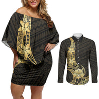 Gold Black Polynesia Hibiscus Plumeria Tattoo Couples Matching Off Shoulder Short Dress and Long Sleeve Button Shirt LT14 Black - Polynesian Pride