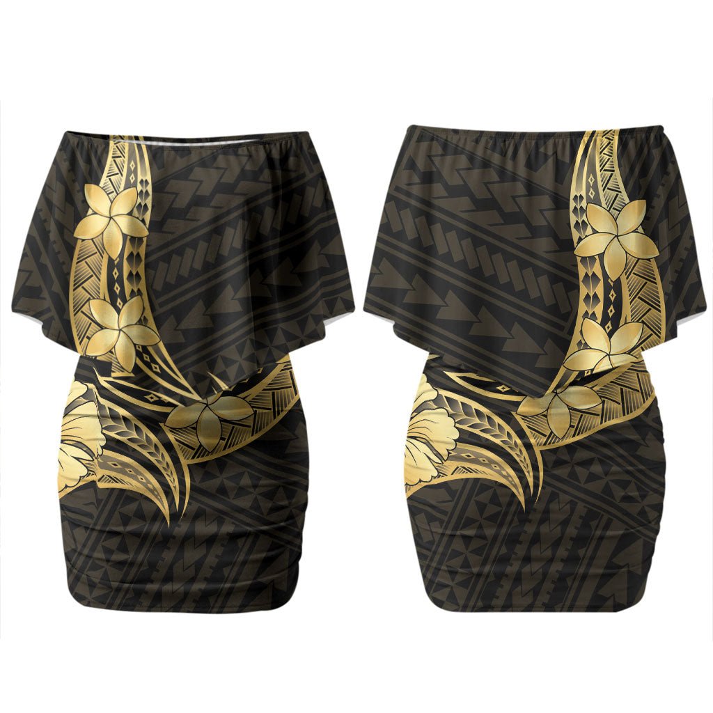 Gold Black Polynesia Hibiscus Plumeria Tattoo Couples Matching Off Shoulder Short Dress and Long Sleeve Button Shirt LT14 - Polynesian Pride